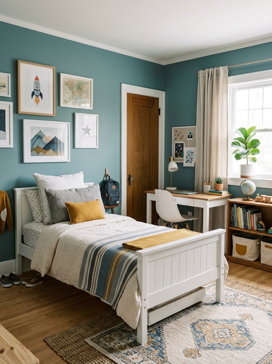 Boys' bedroom with muted teal painted walls, white and wood furniture, layered bedding, desk, framed prints, mustard accents, and natural daylight