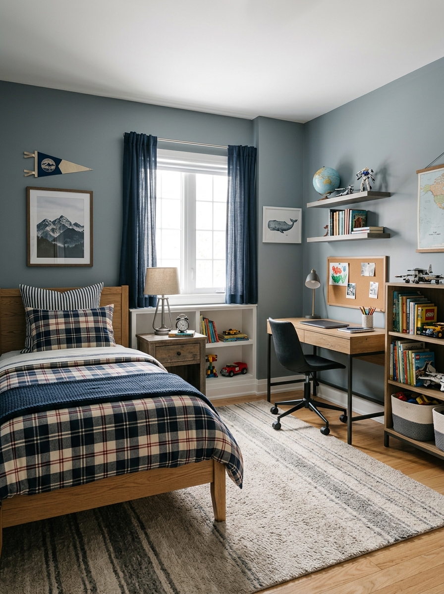 Boys' bedroom with gray-blue painted walls, styled bed, plaid or striped bedding, wood nightstand, study desk, and soft rug