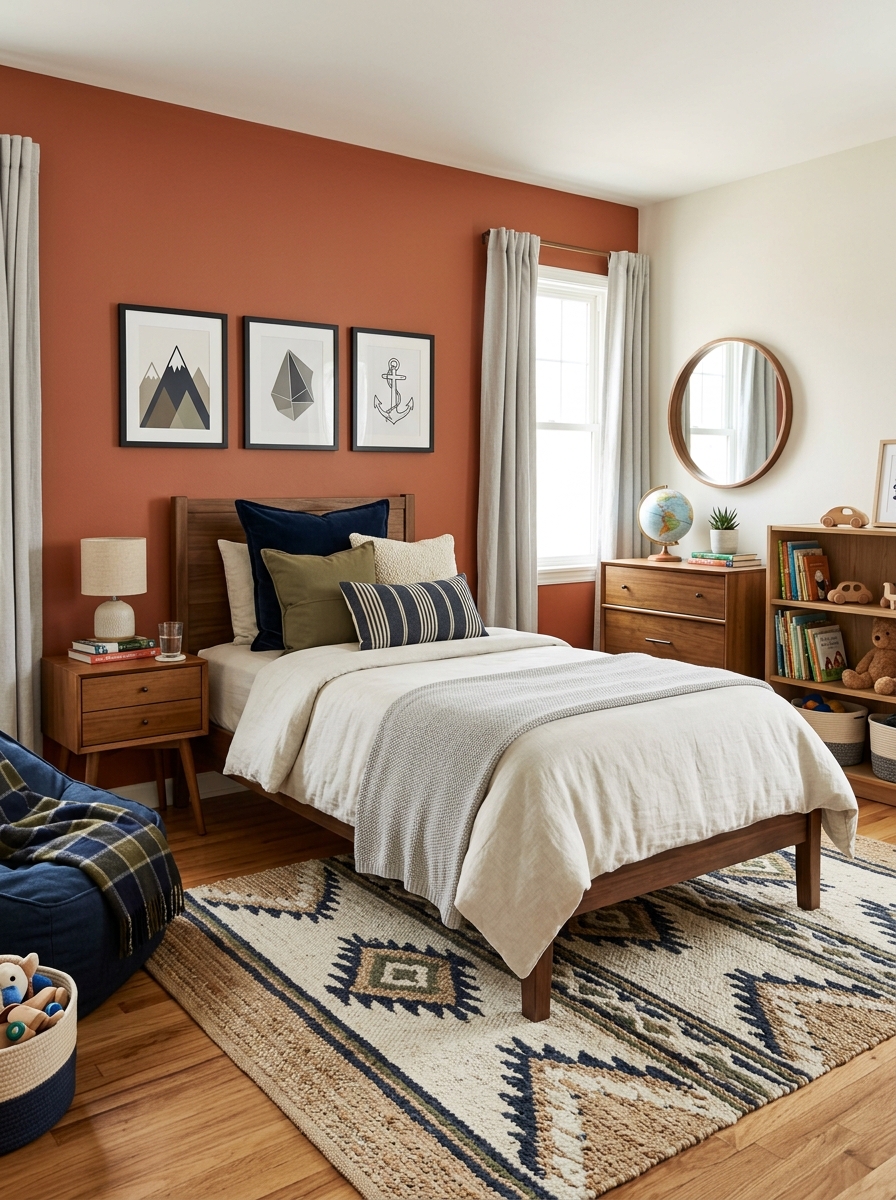 Boys' bedroom with terracotta accent wall behind the bed, neutral bedding, wood furniture, olive and navy pillows, simple framed art, and practical layout
