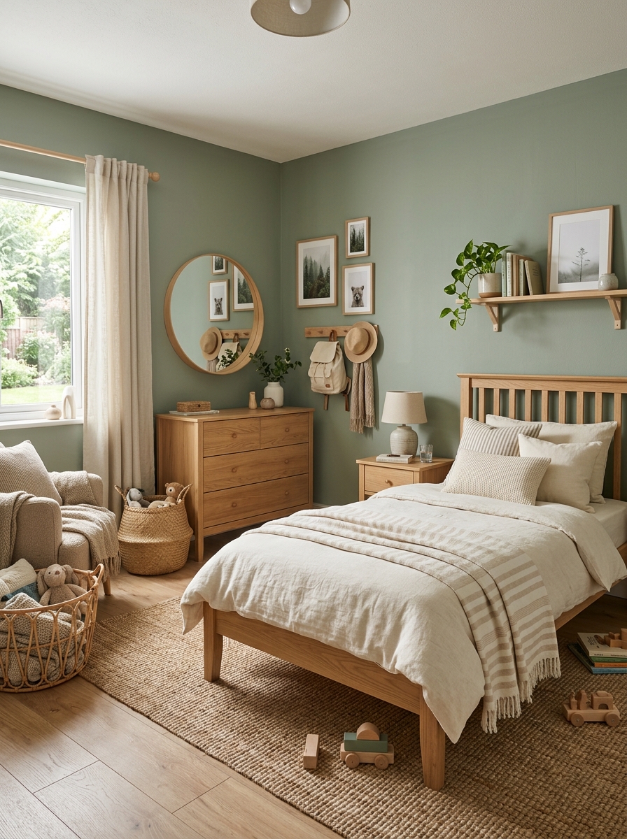 Boys' bedroom with sage green painted walls, light wood furniture, cream bedding, woven baskets, soft natural textures, and clean calming layout