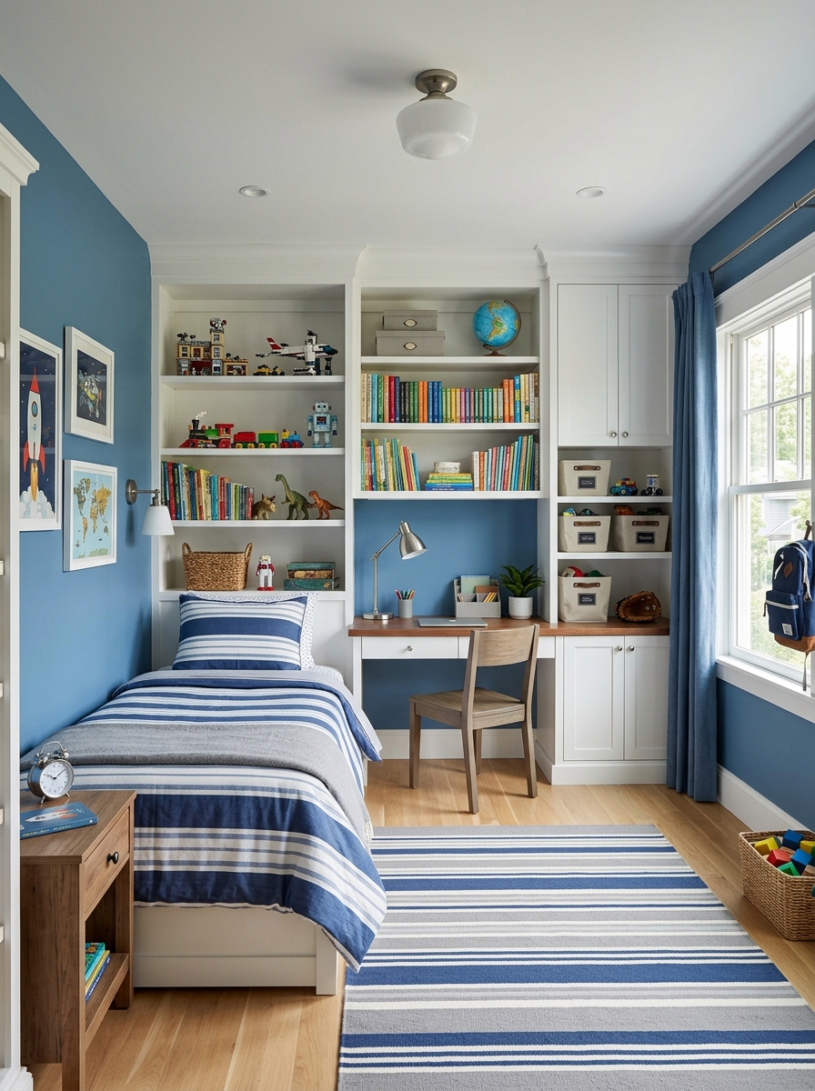 Boys' bedroom with medium blue painted walls, white built-in shelves, twin bed, practical desk, books, toys or decor, and tidy balanced layout