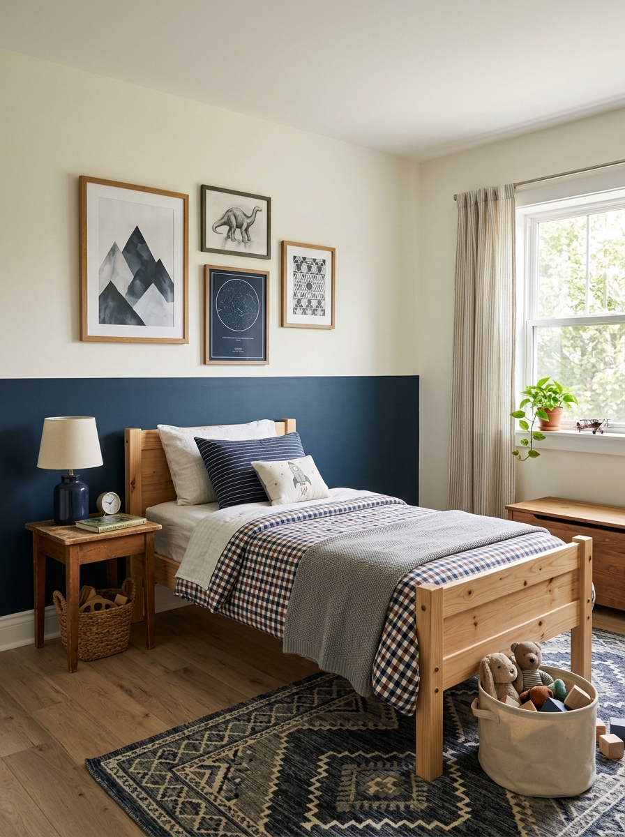 Boys' bedroom with half-painted wall behind the bed, dark blue lower section, warm white upper section, wood bed, layered bedding, and framed art