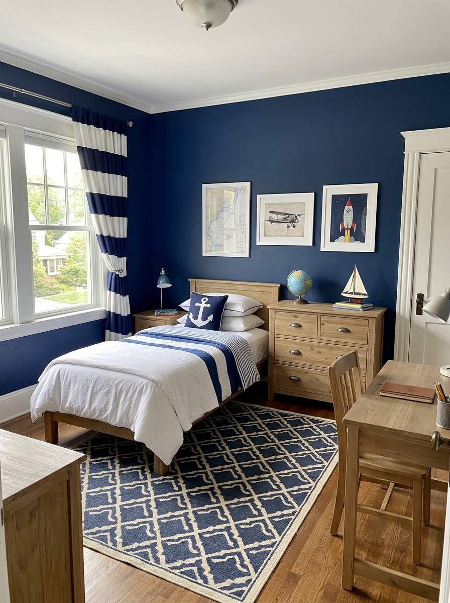 Boys' bedroom with navy blue painted walls, crisp white trim, twin bed with white and blue bedding, light wood dresser, desk, striped curtains, framed prints, and classic rug