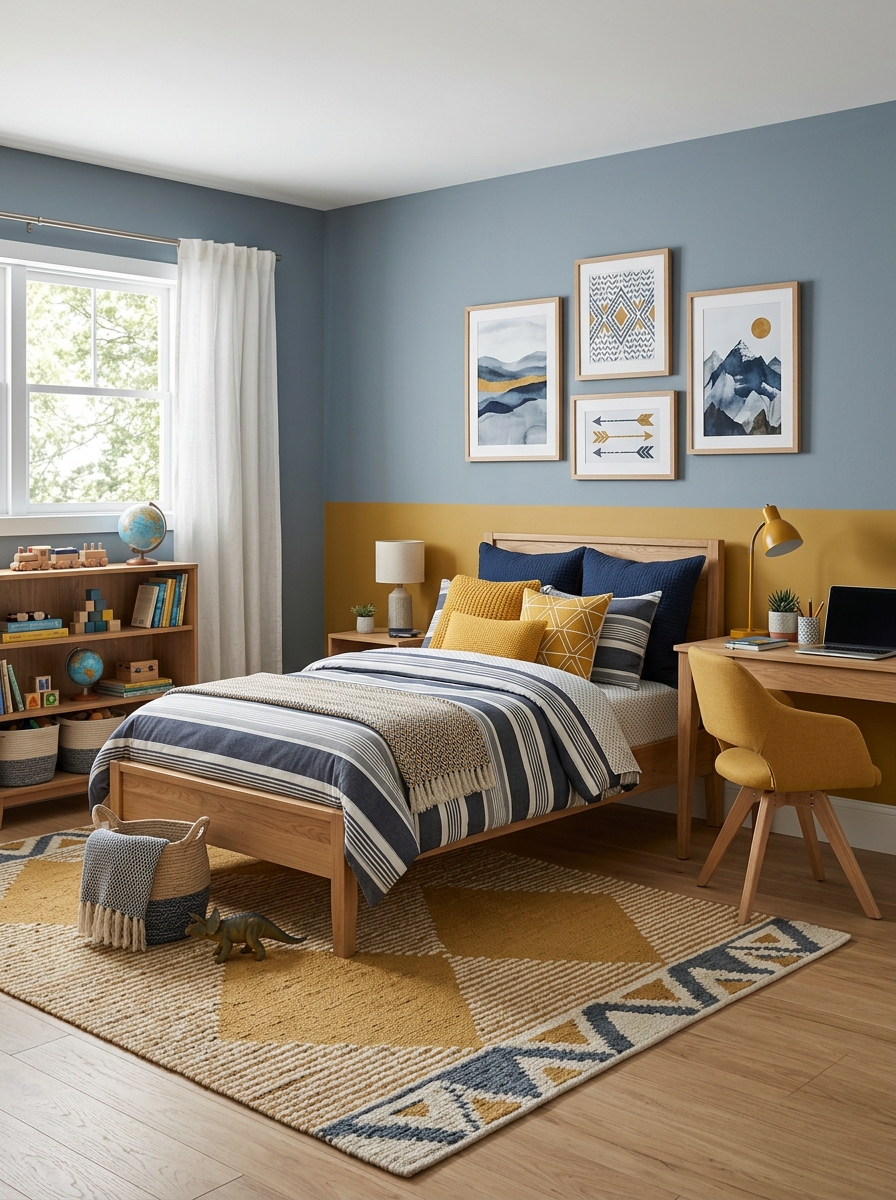 Boys' bedroom with blue-gray walls, mustard accent pillows, desk chair or rug accent, wood furniture, framed wall art, and balanced modern layout