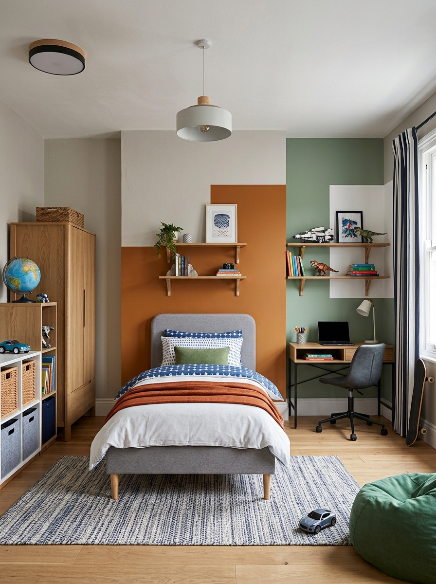 Modern boys' bedroom with neutral base wall color, painted arch behind the bed, color-blocked desk area, blue green white and warm accents, shelving, and practical storage