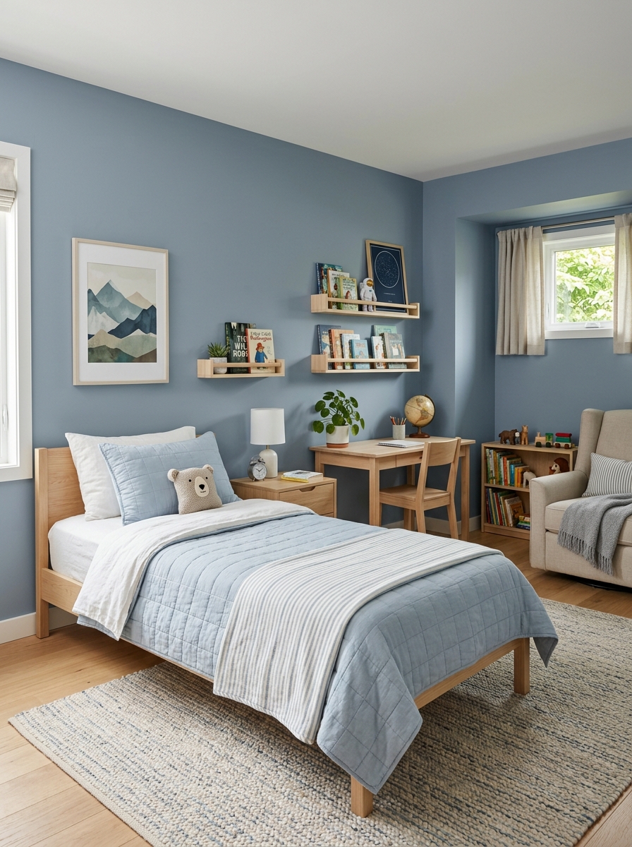 Calm boys' bedroom painted soft slate blue with twin bed, white and pale blue bedding, small bookshelf, light wood desk, soft rug, and cozy reading corner