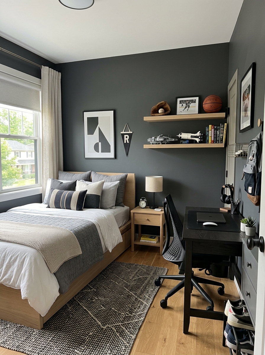 Modern boys' bedroom with charcoal gray painted walls, platform bed with white and gray bedding, wood nightstand, black desk chair, floating shelves, and subtle sporty decor