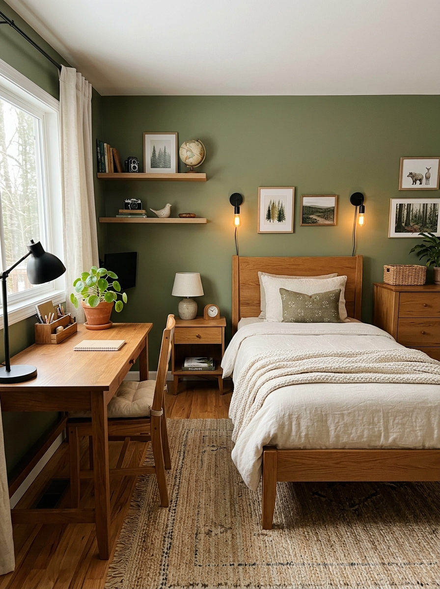 Boys' bedroom with olive green painted walls, warm wood furniture, cream bedding, black wall sconces, simple desk area, rug, and natural textures