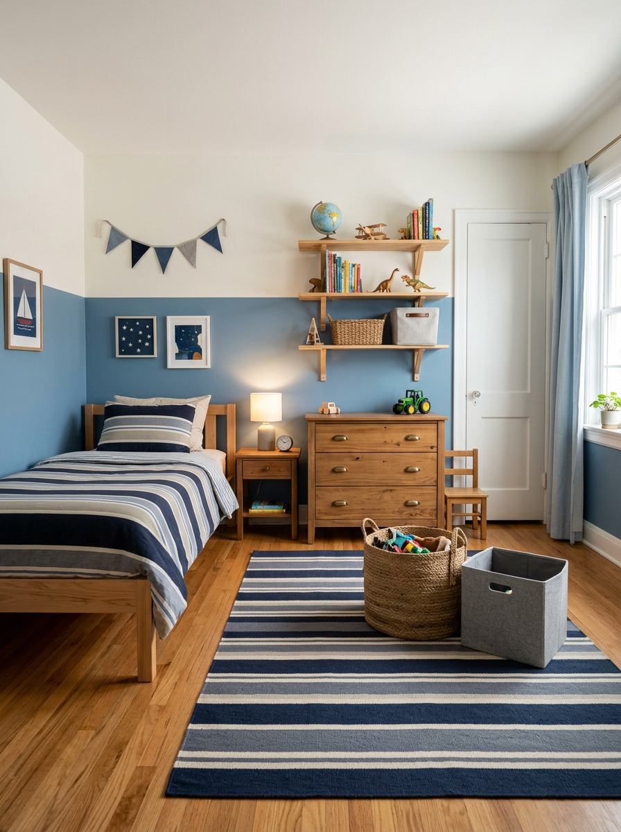 Boys' bedroom with two-tone painted walls, muted blue lower half, warm white upper half, twin bed, wood furniture, striped rug, open shelves, and storage baskets