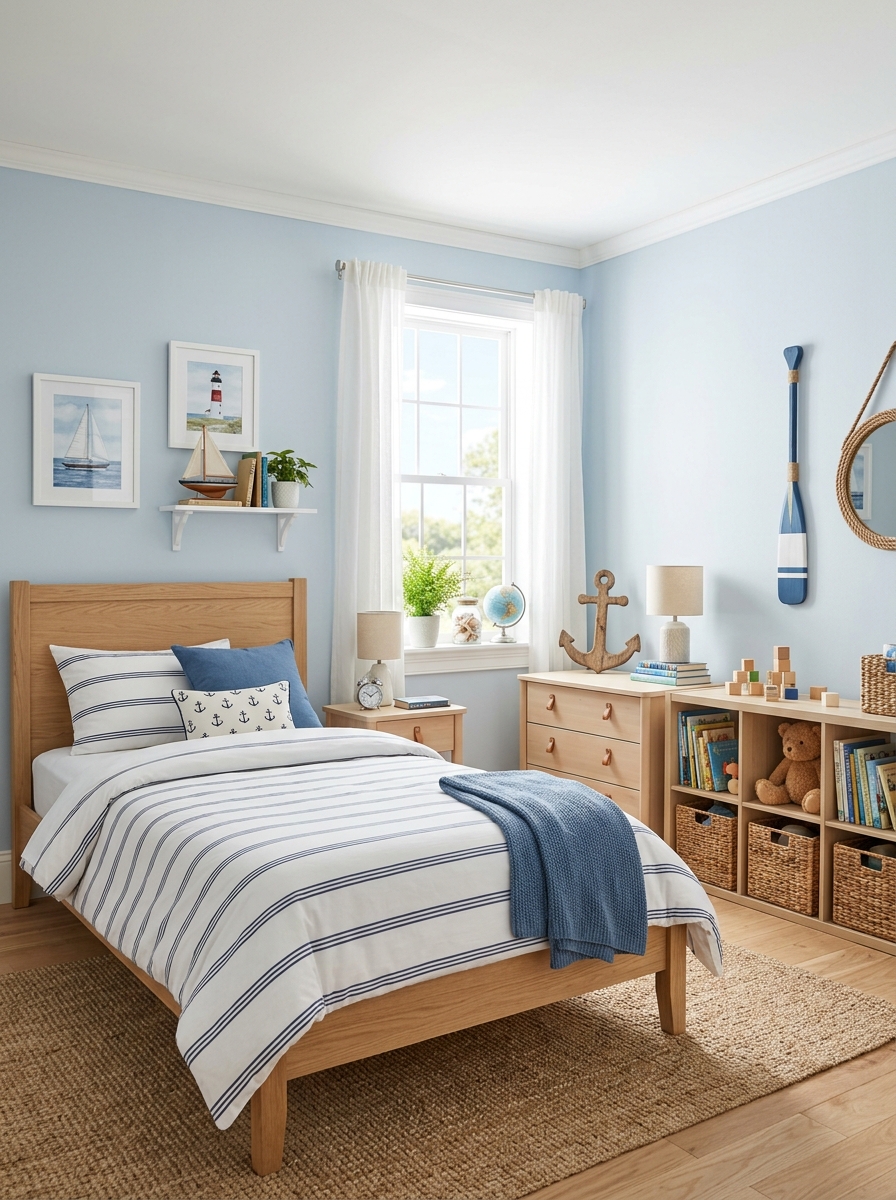 Bright boys' bedroom with soft blue walls, white trim, white bedding with blue stripes, woven storage baskets, light wood furniture, and subtle coastal-style accents