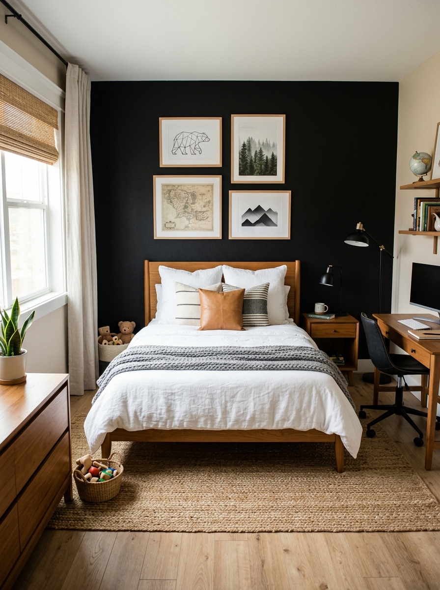 Boys' bedroom with black accent wall behind the bed, white bedding, warm wood furniture, framed wall art, desk, and layered neutral accents