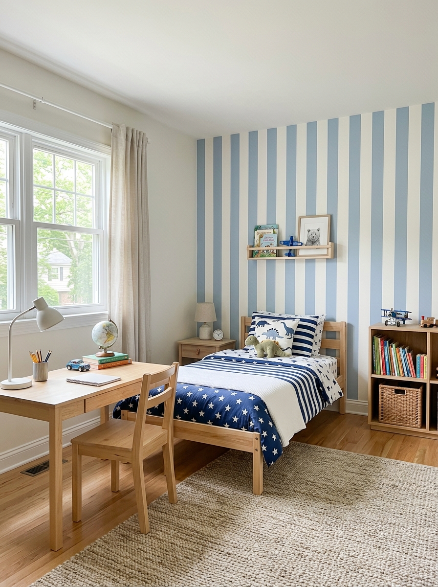 Boys' bedroom with soft blue and white vertical striped feature wall, simple bed, light wood desk, neutral rug, small bookshelf, and tidy decor