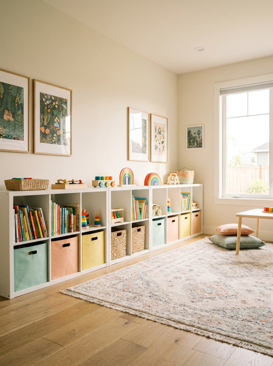 Bright family playroom with low open cube storage, books, wooden toys, pastel bins, woven baskets, a soft patterned rug, warm daylight, and light wood flooring