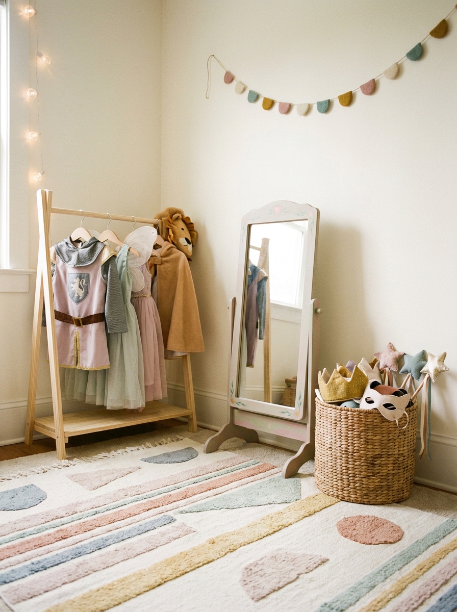 Children's dress-up corner in a playroom with a small clothing rack, a few costumes, a child-safe mirror, a basket of accessories, a soft rug, warm white walls, and muted pastel accents