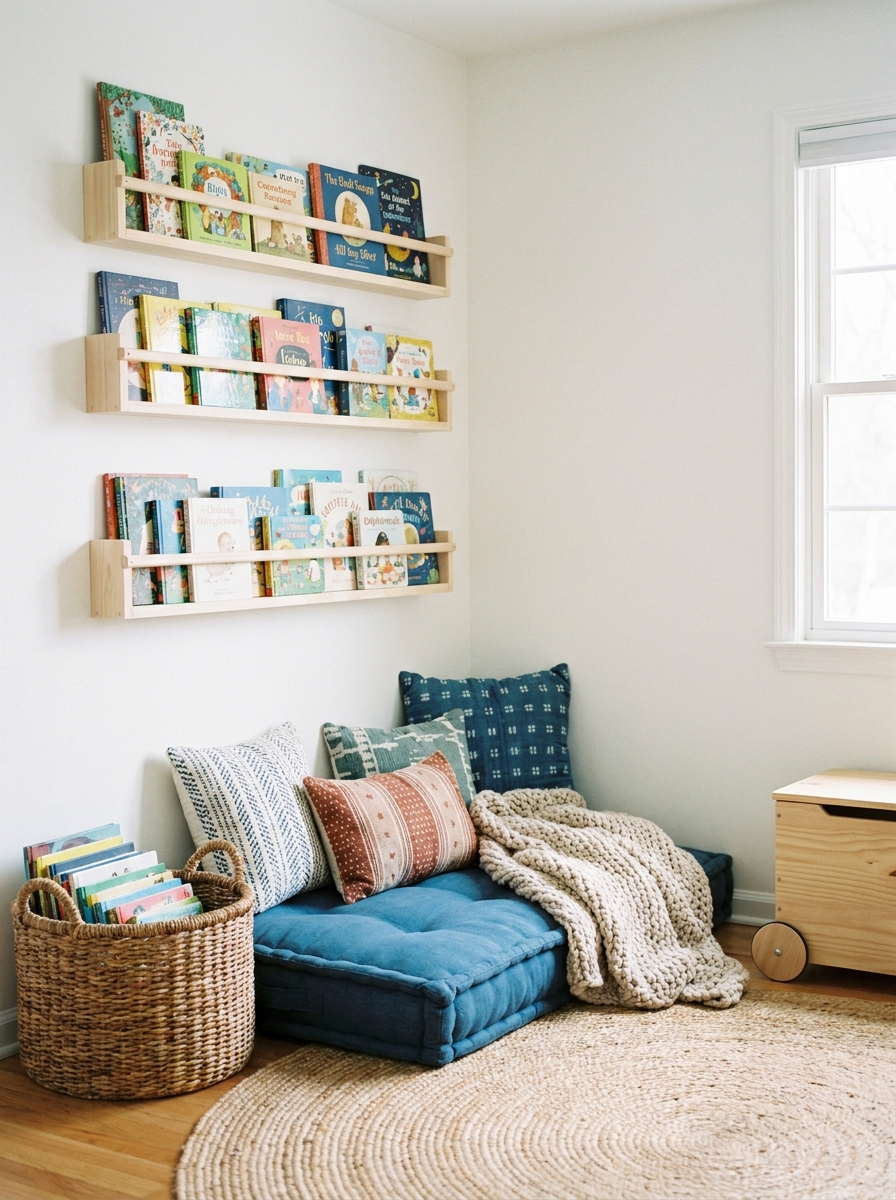 Kids' playroom with front-facing book ledges on the wall, colorful children's books displayed neatly, a soft reading corner with cushions, a basket, white walls, pale wood, and subtle playful colors