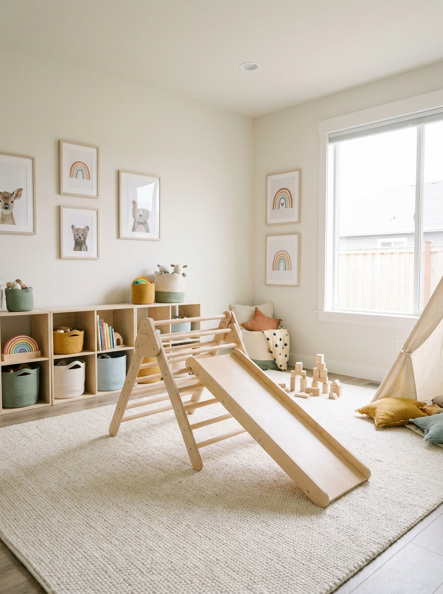Stylish home playroom with a small indoor climbing feature, wooden climbing triangle and slide on a soft rug, open space, low storage, neutral walls, and playful details in sage mustard and pale blue