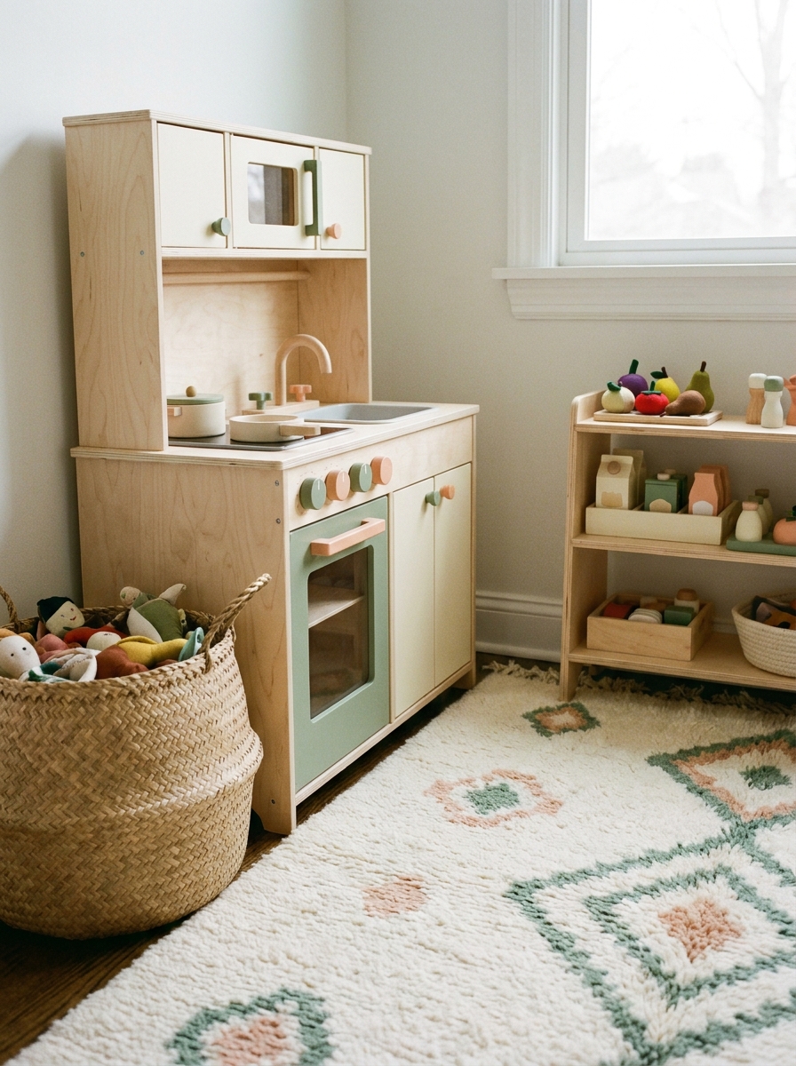 Playroom kitchen corner with a child-sized wooden play kitchen, small shelf with toy food, woven basket, soft rug, pale wood, cream, muted green, and gentle peach accents