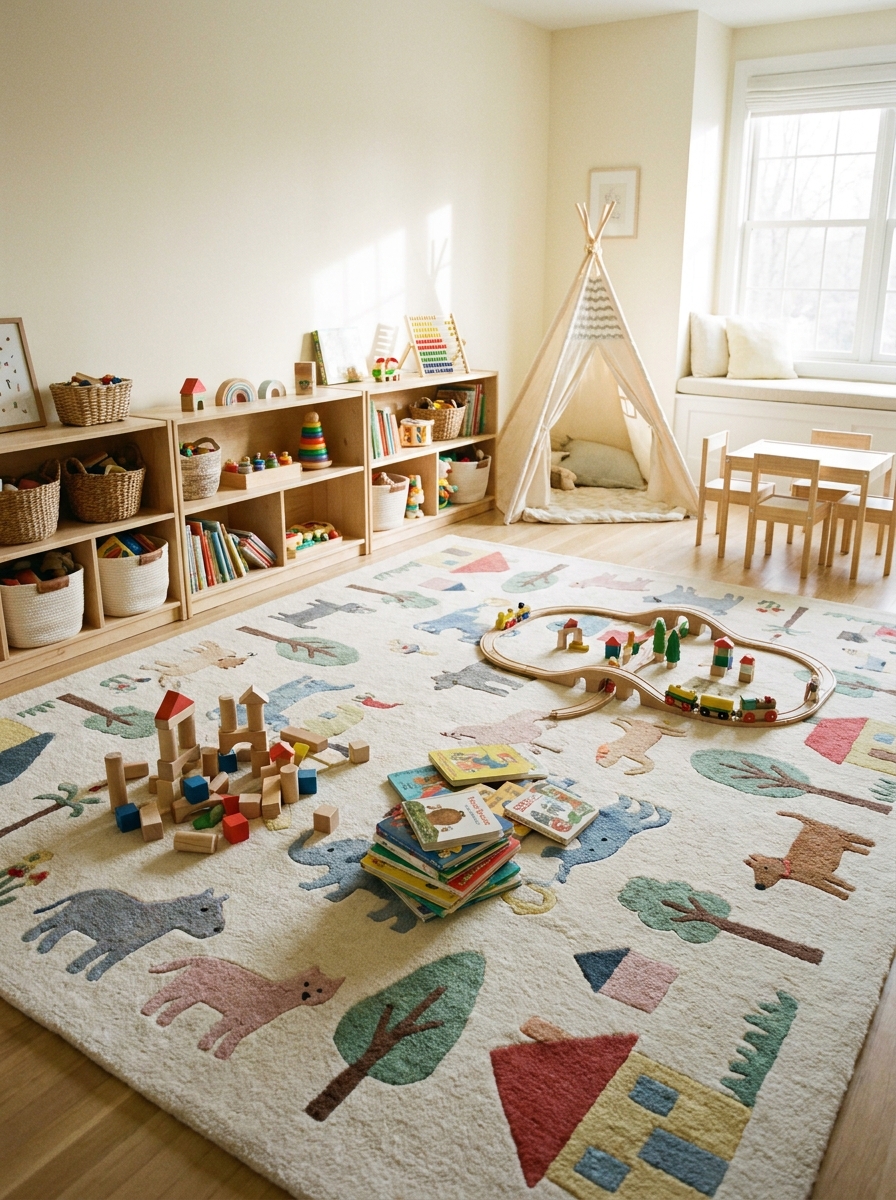 Kids' playroom designed around a large soft rug with open floor space, blocks, books, low shelves, pale walls, natural light, and a playful patterned rug