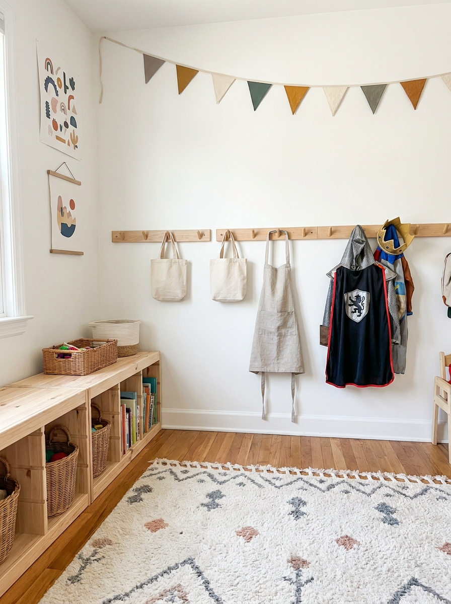 Playroom wall with child-height hooks holding small bags, dress-up pieces, and a light apron near low storage, a soft rug, white walls, and subtle playful accents