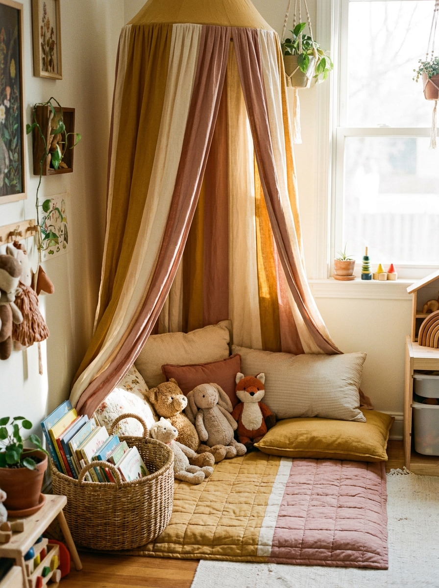 Playroom with a cozy tent or canopy nook, simple fabric canopy over floor cushions, a soft mat, basket of books, stuffed toys, warm light, and gentle playful colors