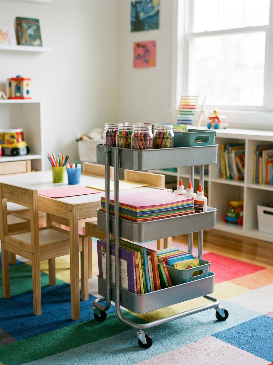 Playroom with a neat three-tier rolling supply cart holding crayons, craft paper, glue, books, and small bins beside a child-sized table