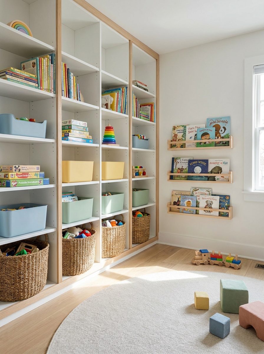 Small playroom with smart vertical storage, tall shelves, wall-mounted book ledges, low baskets, open floor area, white walls, natural wood, and cheerful soft-color accents