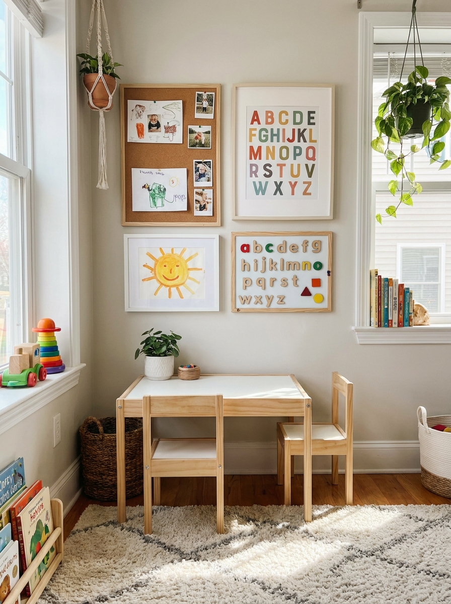 Kids' playroom with a simple learning wall, corkboard, alphabet print, framed artwork, small magnetic board, and child-sized table in a clean cheerful homey setup
