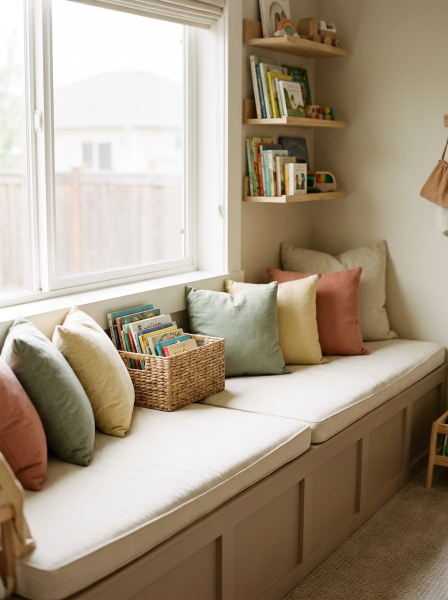 Playroom reading nook beneath a large window with a built-in bench, cream cushions, pastel throw pillows, a basket of children's books, soft daylight, and simple shelves nearby