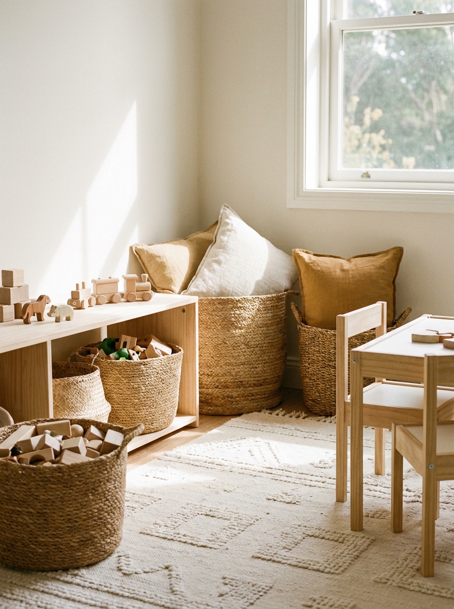 Softly styled playroom using natural materials with pale wood furniture, woven baskets, a cotton rug, wooden toys, linen cushions, warm daylight, and a calm family-home feel