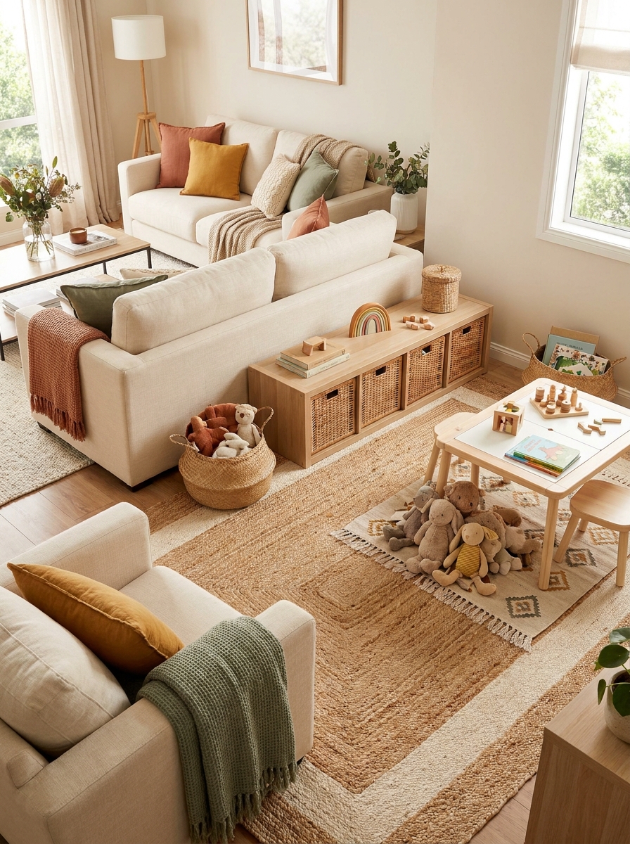 Family living area with a defined kids' play zone, soft rug, low storage with baskets, small activity table, books, toys, comfortable living room setup, warm neutrals, and subtle playful accents