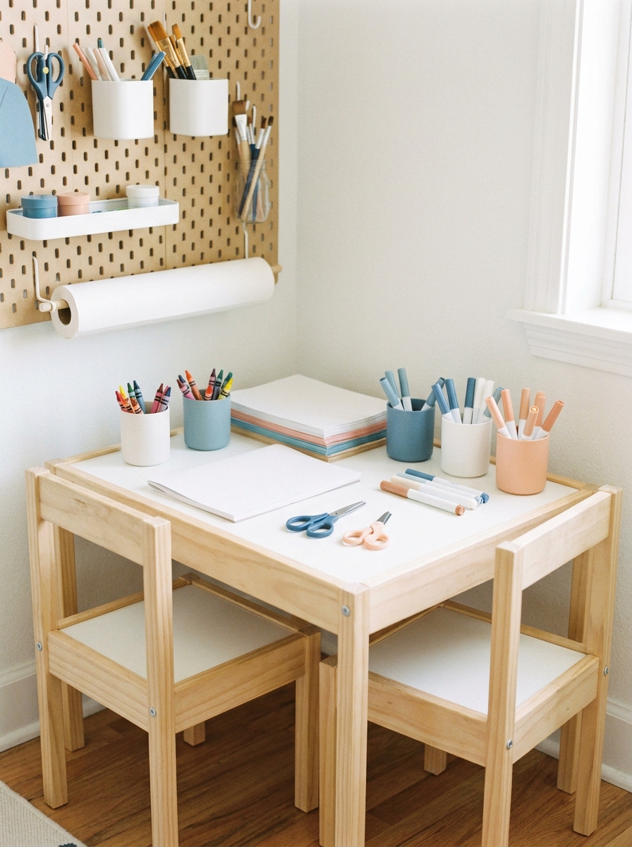 Cheerful kids' art station in a playroom with a small light wood table, two child-sized chairs, crayons, paper, scissors, markers, and neat wall storage for supplies