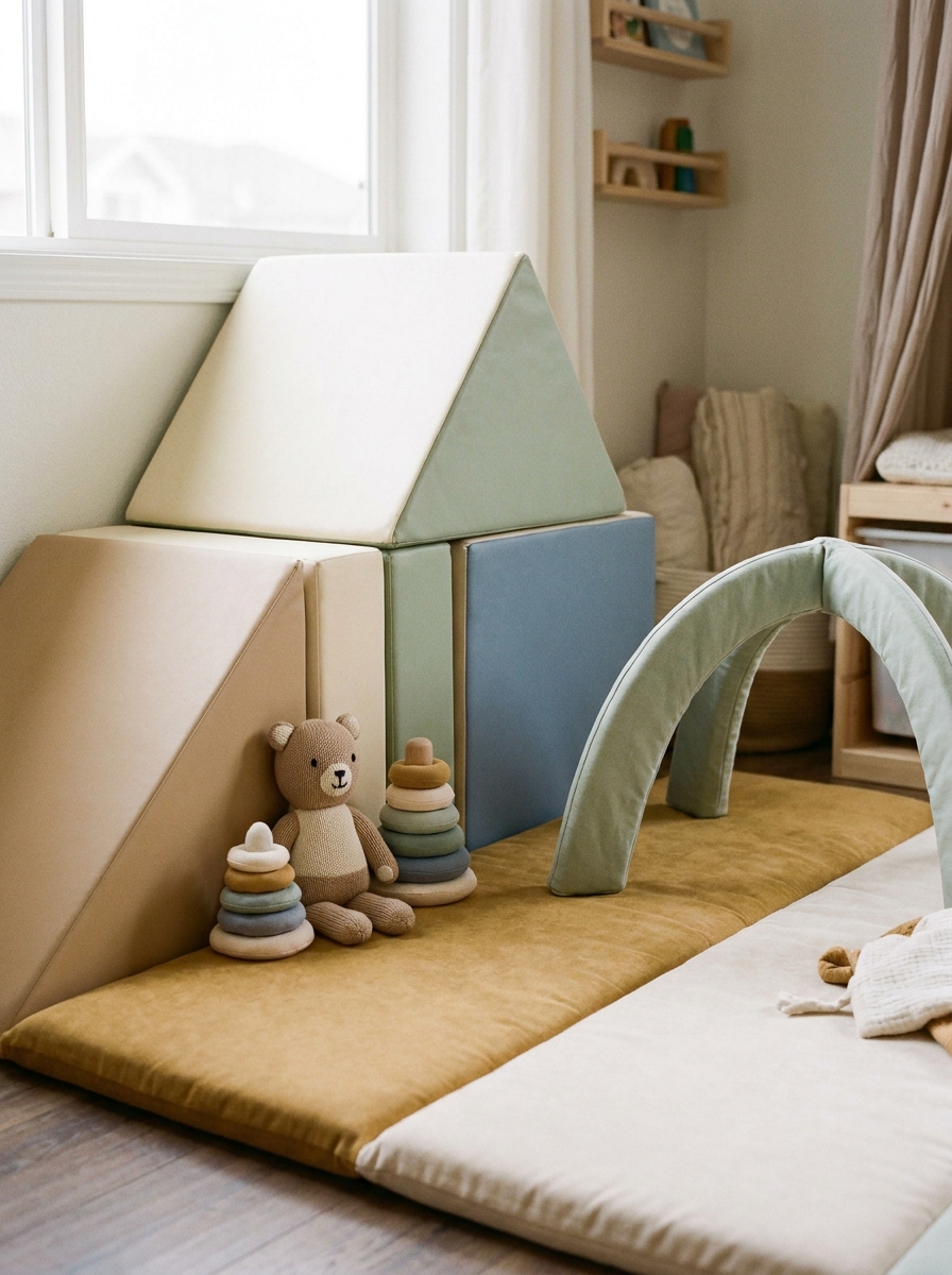 Soft play corner in a modern home playroom with foam climbing shapes, a cushioned mat, a small arch, soft toys, warm neutrals, pale sage, dusty blue, and muted mustard