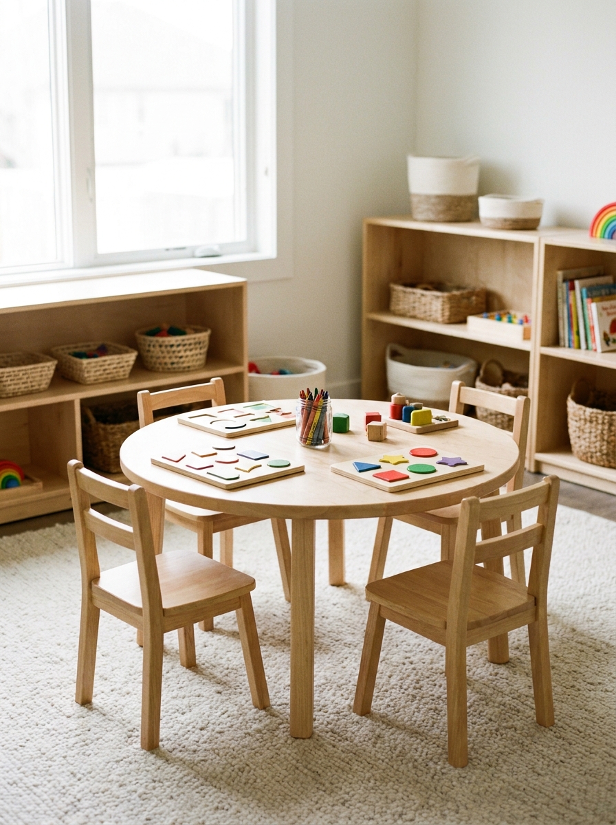 Kids' playroom centered around a small child-sized activity table with a round natural wood table, four little chairs, puzzles, crayons, toys, a soft rug, and organized storage
