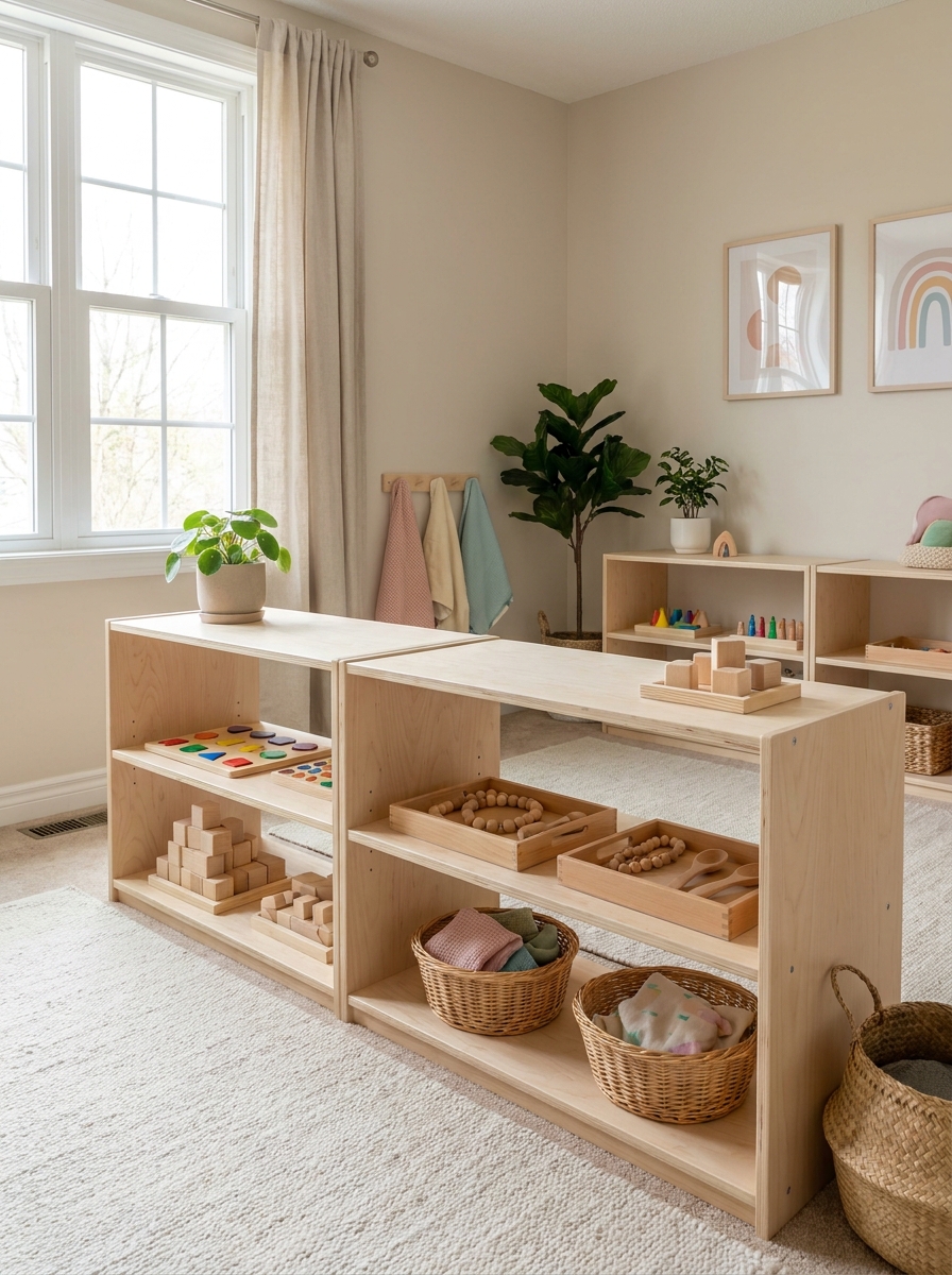 Montessori-inspired playroom with low open wooden shelves holding a small curated mix of puzzles, blocks, activity trays, and baskets in a calm airy room