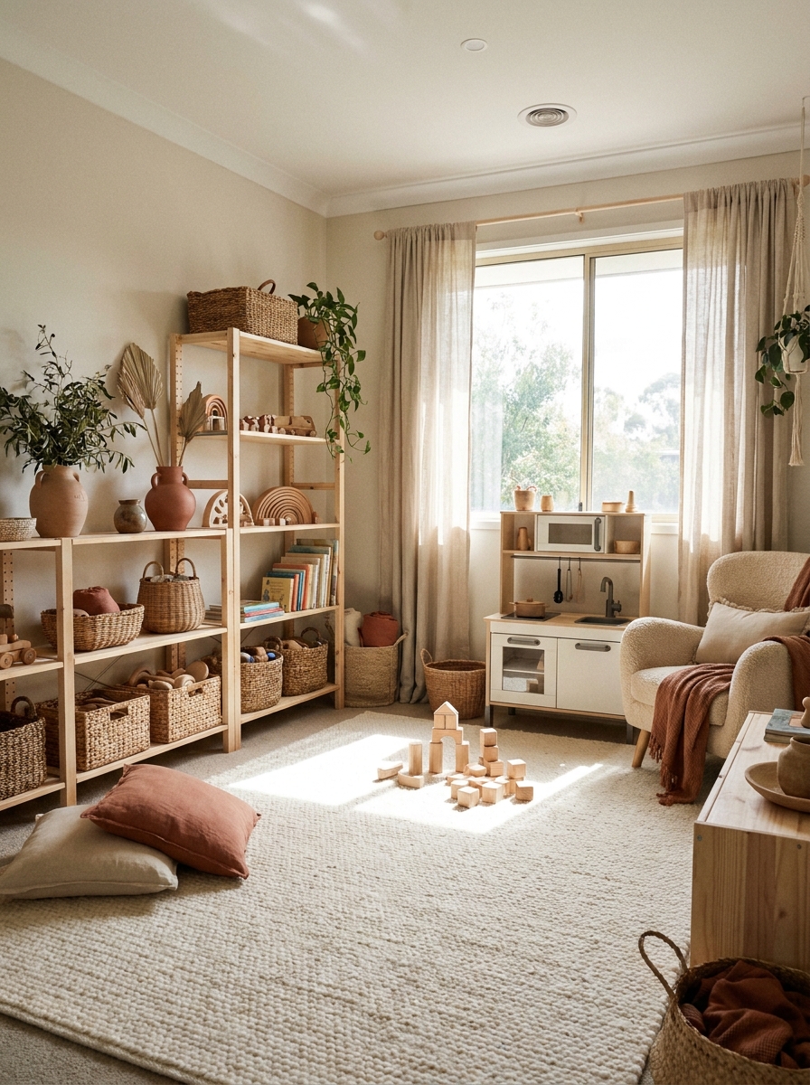 Neutral earthy playroom with natural wood shelves, woven baskets, a soft cream rug, muted terracotta accents, simple child-friendly toys, and soft sunlight