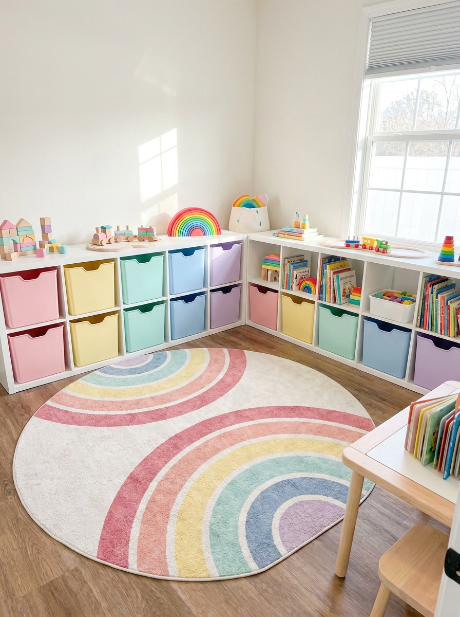 Playful kids' playroom with rainbow-inspired storage, low white shelves, pastel bins in pink yellow mint blue and lavender, a cheerful rug, books, and wooden toys