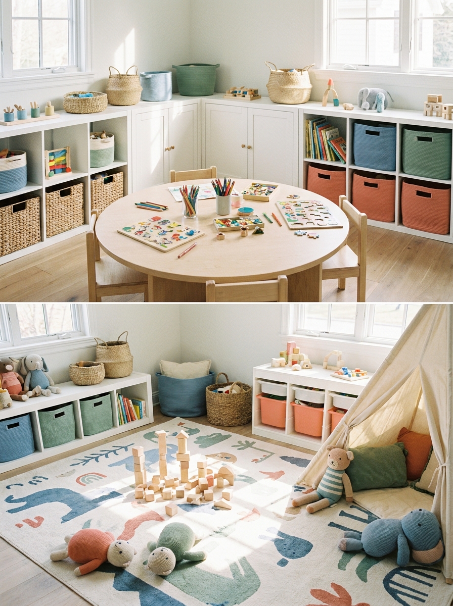 Shared siblings' playroom with a central activity table, low storage units, baskets, books, a floor play area with blocks and soft toys, light wood, white storage, and soft color accents