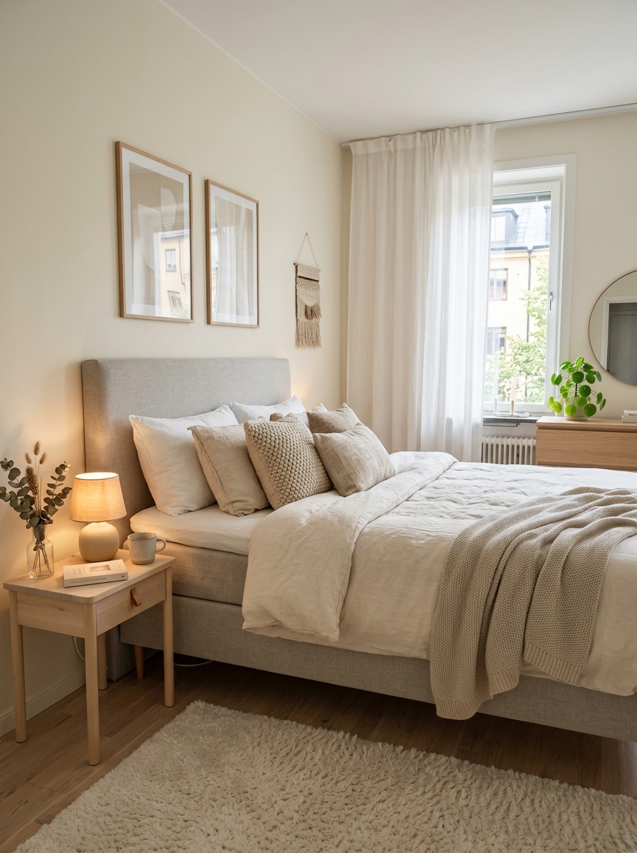 Cozy Stockholm-style bedroom with soft cream bedding, beige throw pillows, knit blanket, fluffy rug, small bedside table, warm lamp, pale wood flooring, and calm feminine atmosphere