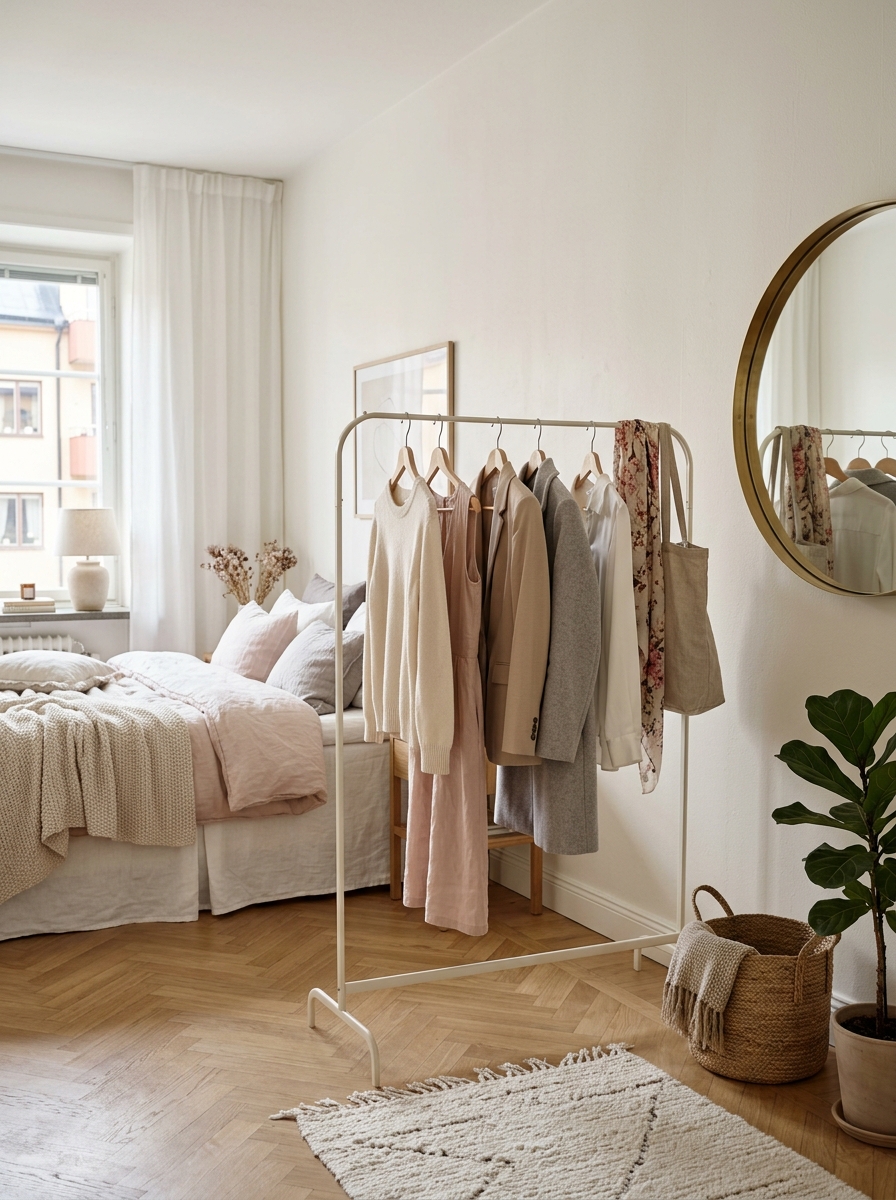 Stockholm-style bedroom corner with slim open clothing rack holding cream, blush, beige, and soft gray clothes, small rug, mirror, and cozy bedroom in the background