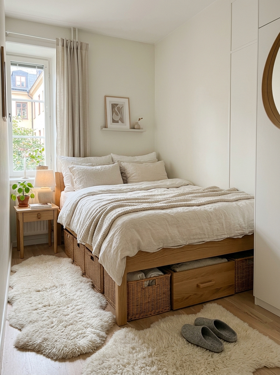 Small Stockholm-style bedroom with cream or white bed, built-in drawers or woven storage boxes underneath, soft bedding, fluffy rug, compact layout, neutral tones, and gentle daylight