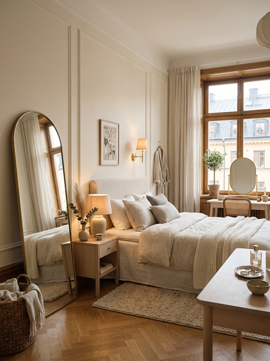 Stockholm room with arched standing mirror or oval vanity mirror, soft lighting, cream bedding, pale furniture, and elegant feminine bedroom mood
