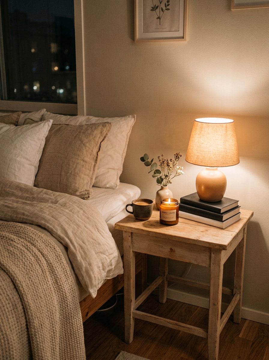 Cozy Stockholm bedroom nightstand with small white or pale wood bedside table, warm lamp, stacked books, candle, tiny vase, and soft cream bedding beside it