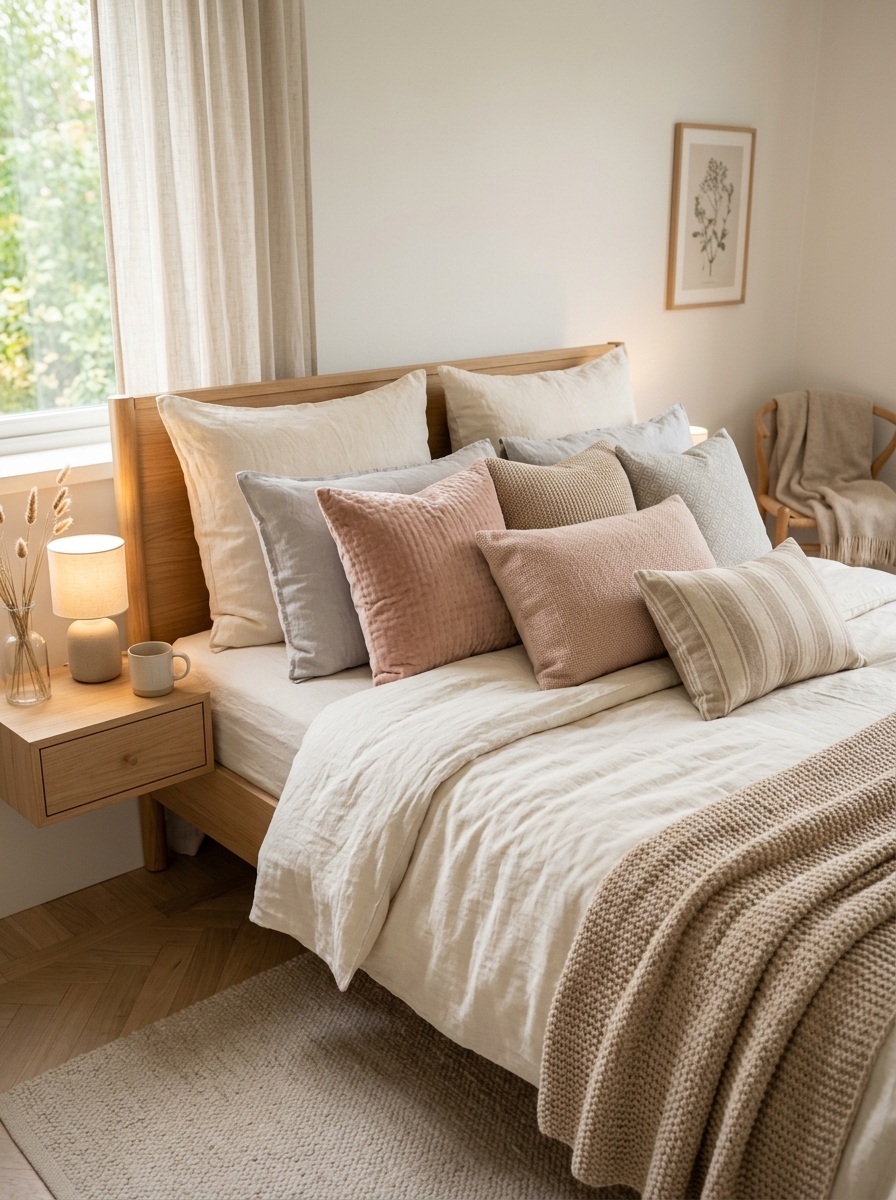 Stockholm aesthetic bed with cream bedding, layered pillows in blush, beige, and pale gray, soft throw blanket, warm lighting, and calm cozy bedroom atmosphere