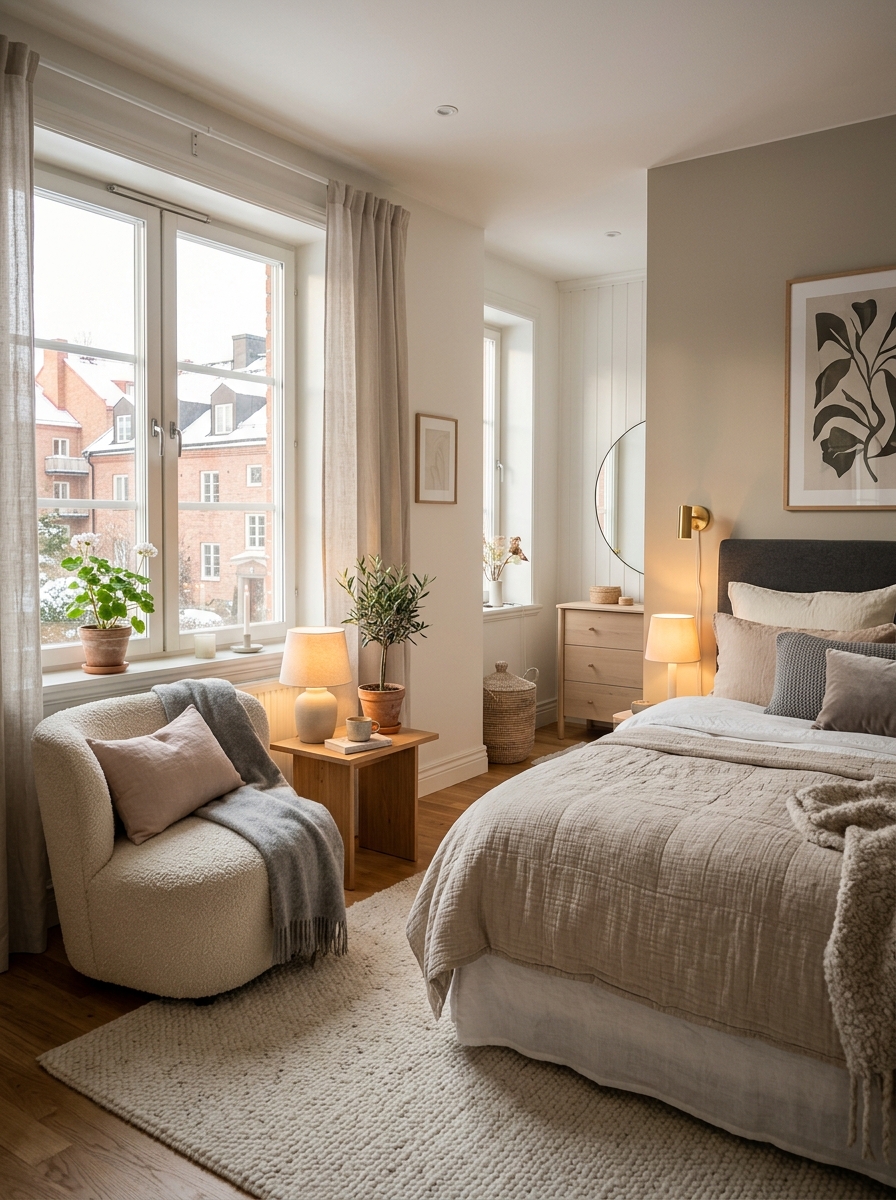 Stockholm-style bedroom with small cream or blush boucle accent chair near a window or vanity corner, soft rug, cozy bed in the background, and warm layered lighting