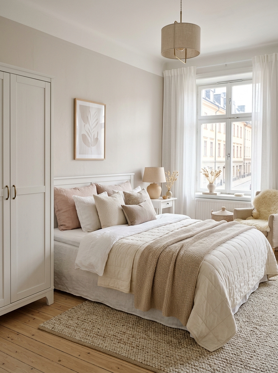 Stockholm room styled in cream, white, beige, blush, and pale taupe with layered textiles, white furniture, gentle natural light, and cohesive airy bedroom mood