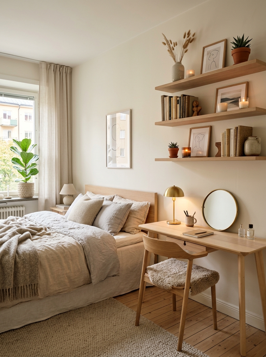 Stockholm-style bedroom with pale floating shelves above a desk or vanity holding books, candles, framed prints, and organized decorative items with cozy bed nearby