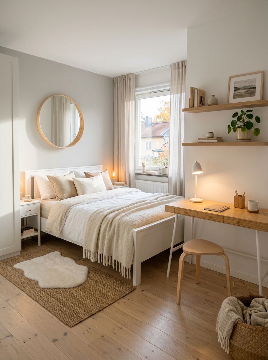 Stockholm bedroom mixing white bed and furniture with pale wood accents such as desk top, shelves, mirror frame, stool, cream textiles, warm light, and calm cozy mood