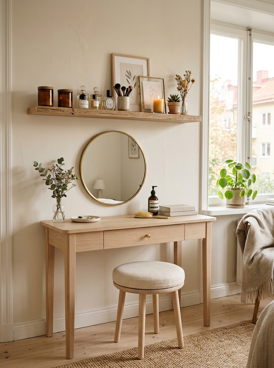 Stockholm room vanity area with white or pale wood vanity desk, mirror, stool, and shelf with candles, small jars, perfume-style bottles, framed prints, and soft decor