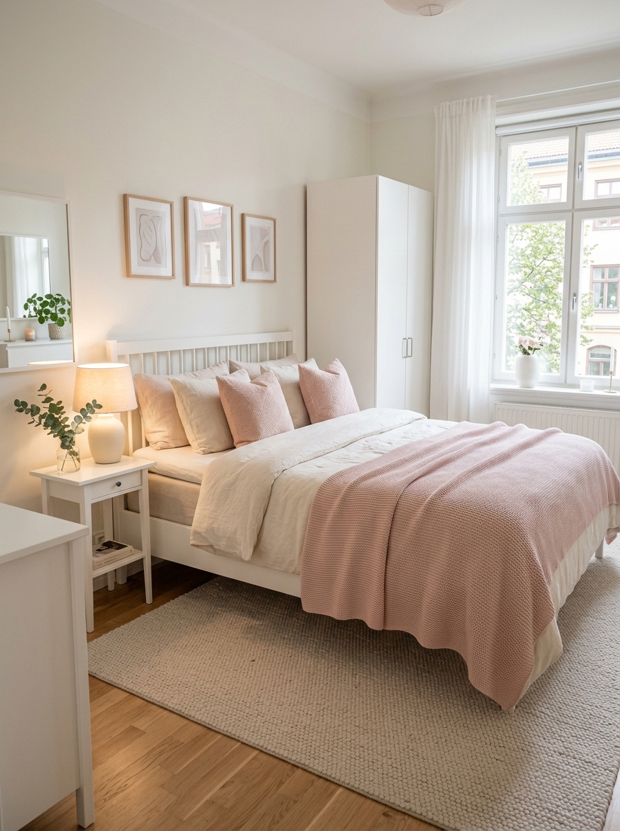 Stockholm aesthetic bedroom with cream bedding, blush pink throw, soft pink accent pillows, warm white lamp, pale beige rug, white furniture, and gentle daylight