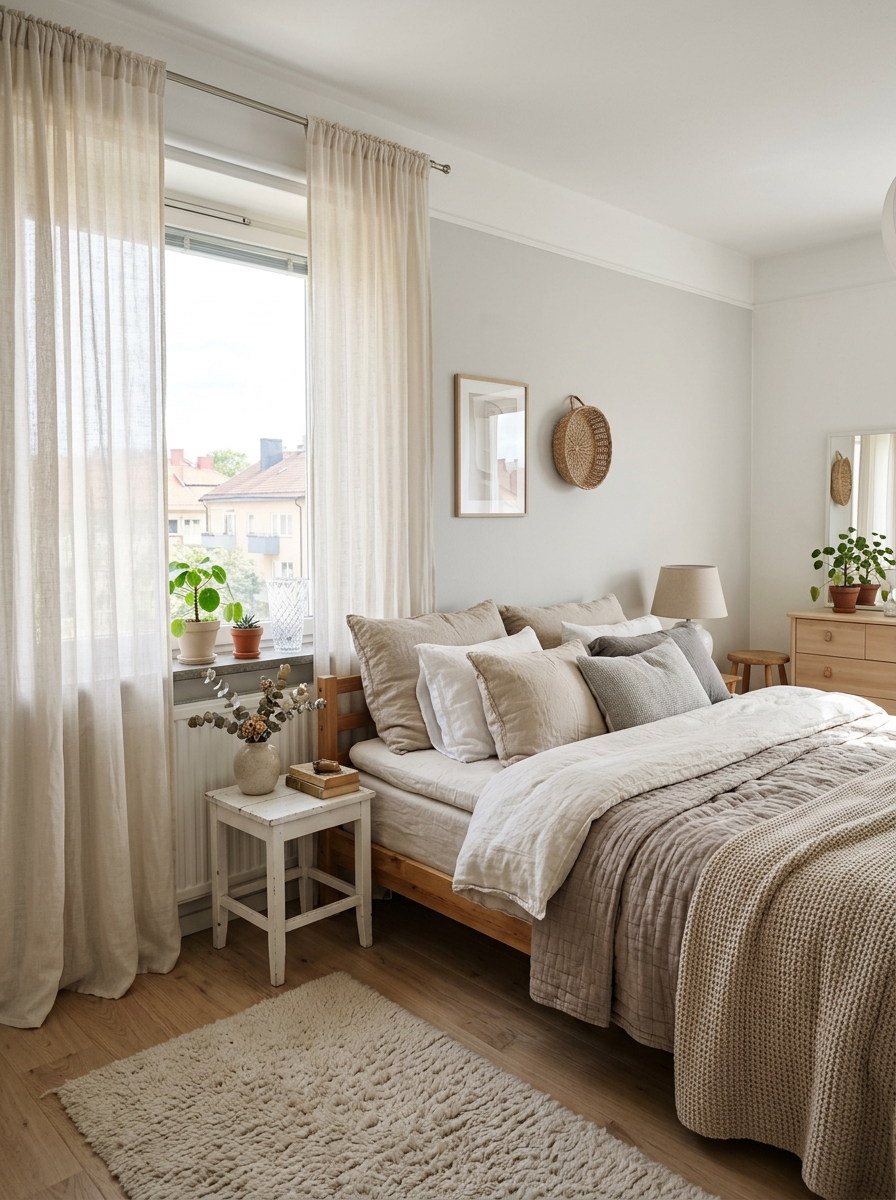 Stockholm-style bedroom with soft daylight through light cream or white sheer curtains beside cozy bed with layered neutral bedding, fluffy rug, and warm feminine atmosphere